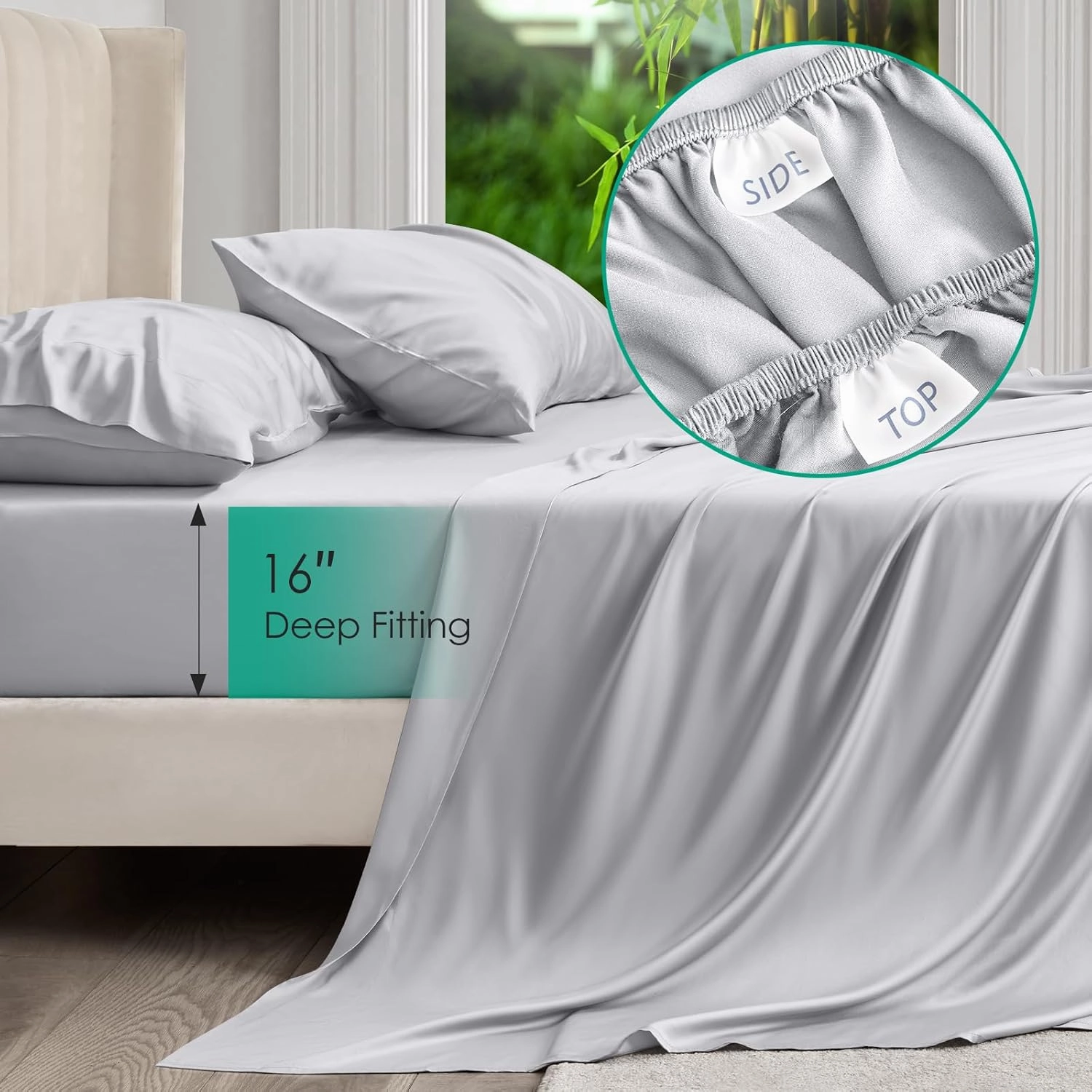 Queen Sheet Set, 100% Rayon Derived from Bamboo, 4-Piece, 16 Inch Deep Pockets, Cooling Sheets for Queen Size Bed Set, Breathable & Silky Soft, Hotel Bedding Sheets & Pillowcases, Gray