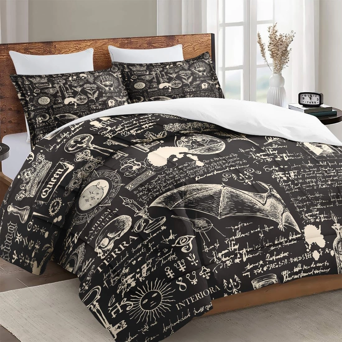 Queen Size Comforter Set with 2 Pillowcases, Stone Medieval Bat Soft 3 Pcs Bedding for Kids and Adults Bedroom Bed Decor