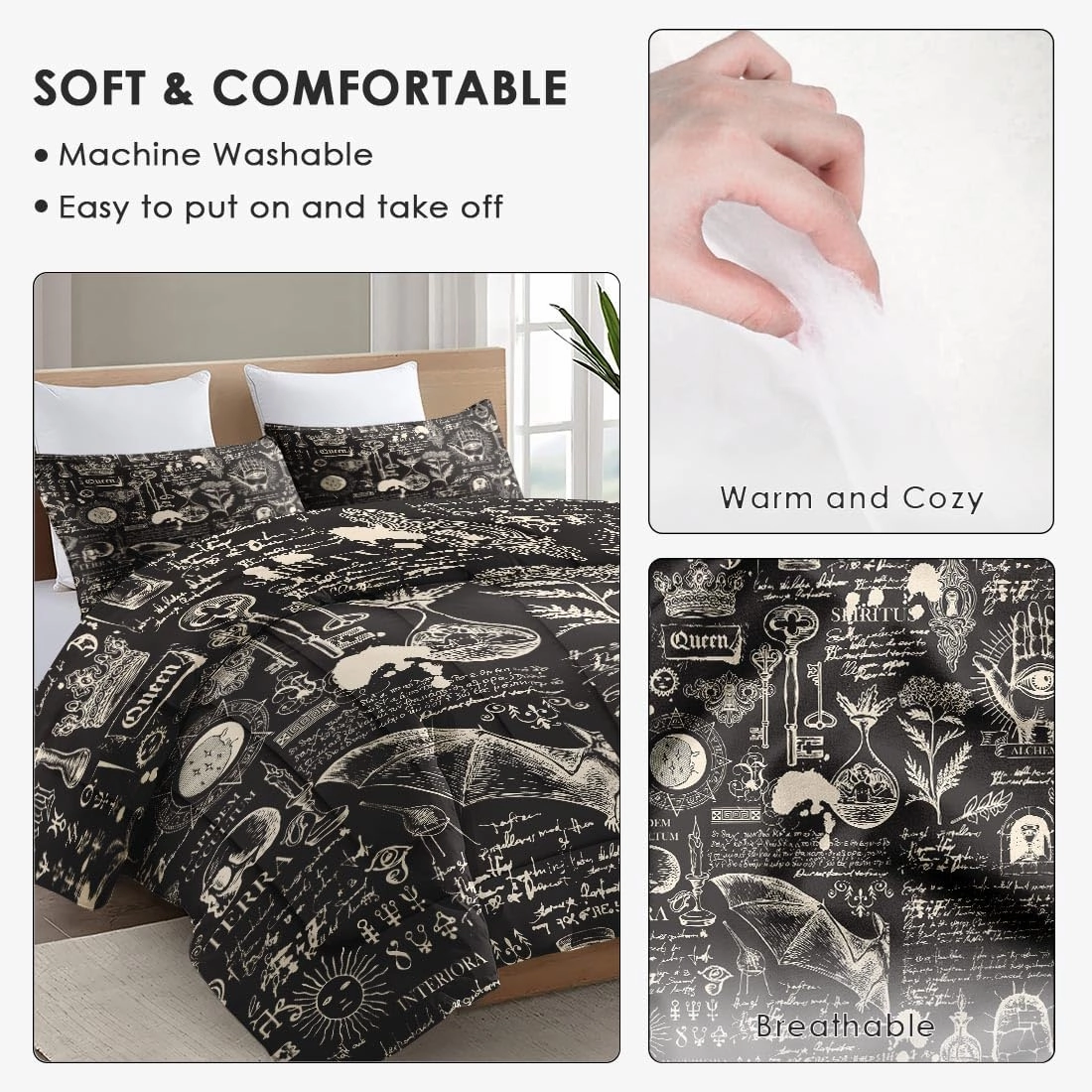 Queen Size Comforter Set with 2 Pillowcases, Stone Medieval Bat Soft 3 Pcs Bedding for Kids and Adults Bedroom Bed Decor