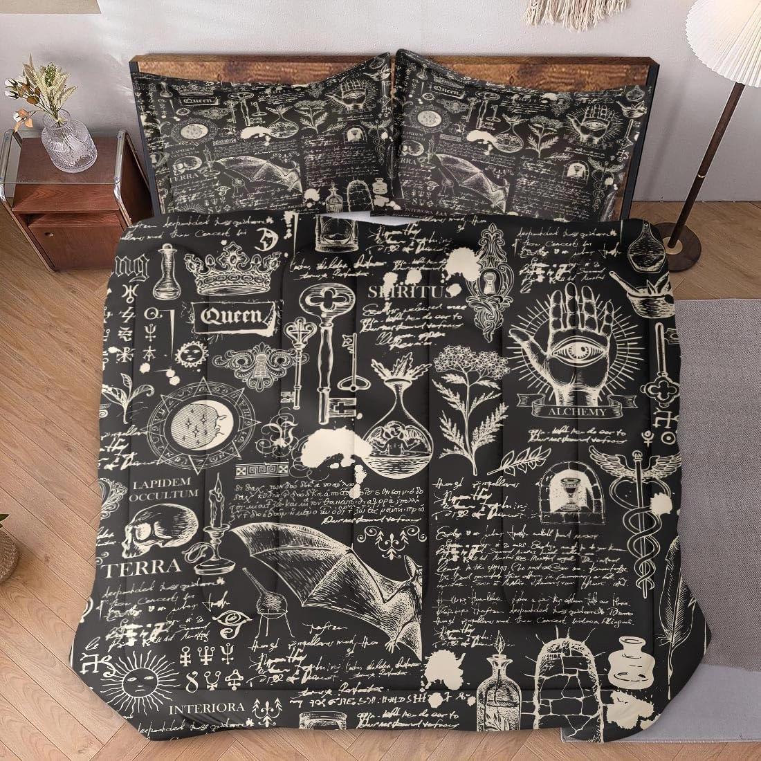 Queen Size Comforter Set with 2 Pillowcases, Stone Medieval Bat Soft 3 Pcs Bedding for Kids and Adults Bedroom Bed Decor