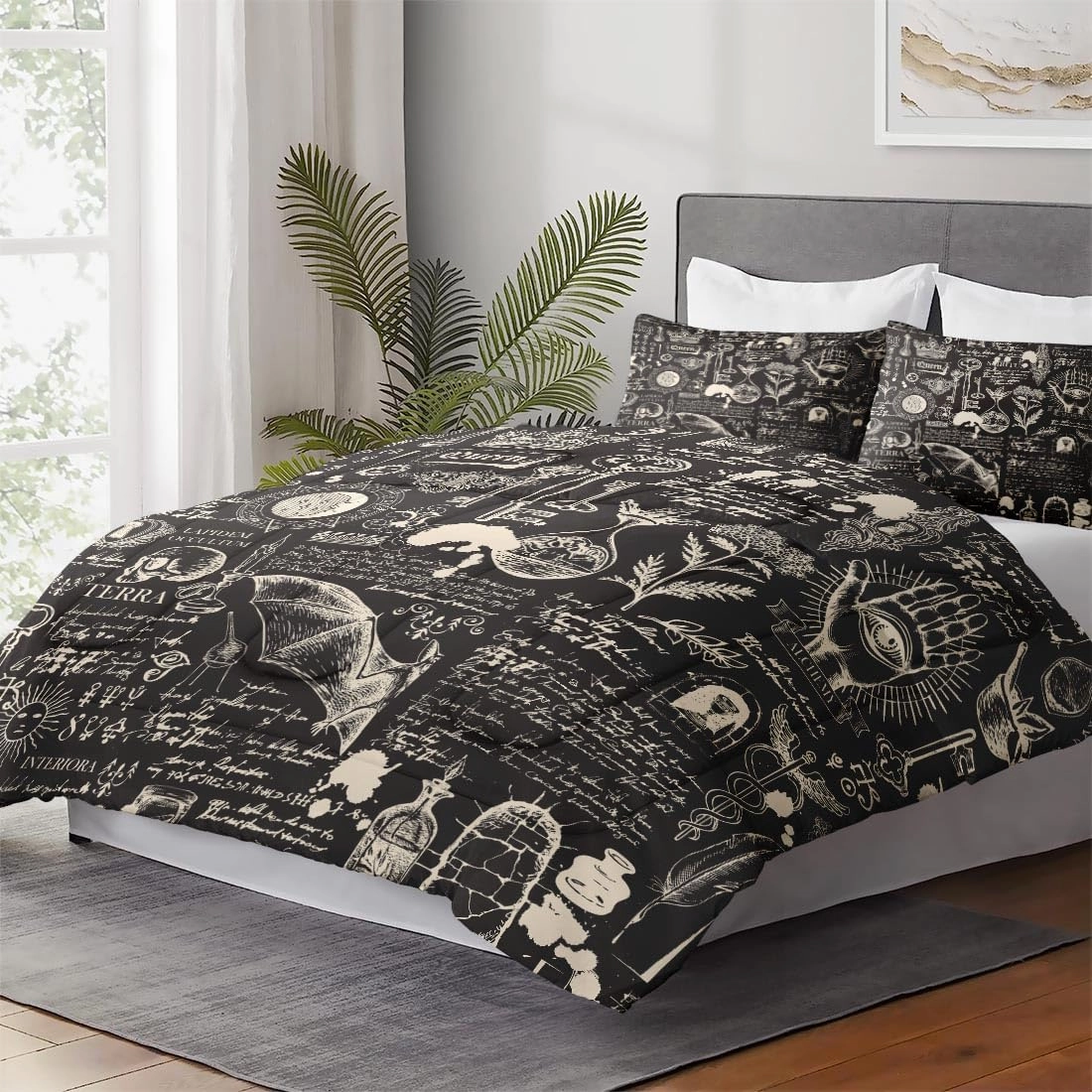 Queen Size Comforter Set with 2 Pillowcases, Stone Medieval Bat Soft 3 Pcs Bedding for Kids and Adults Bedroom Bed Decor