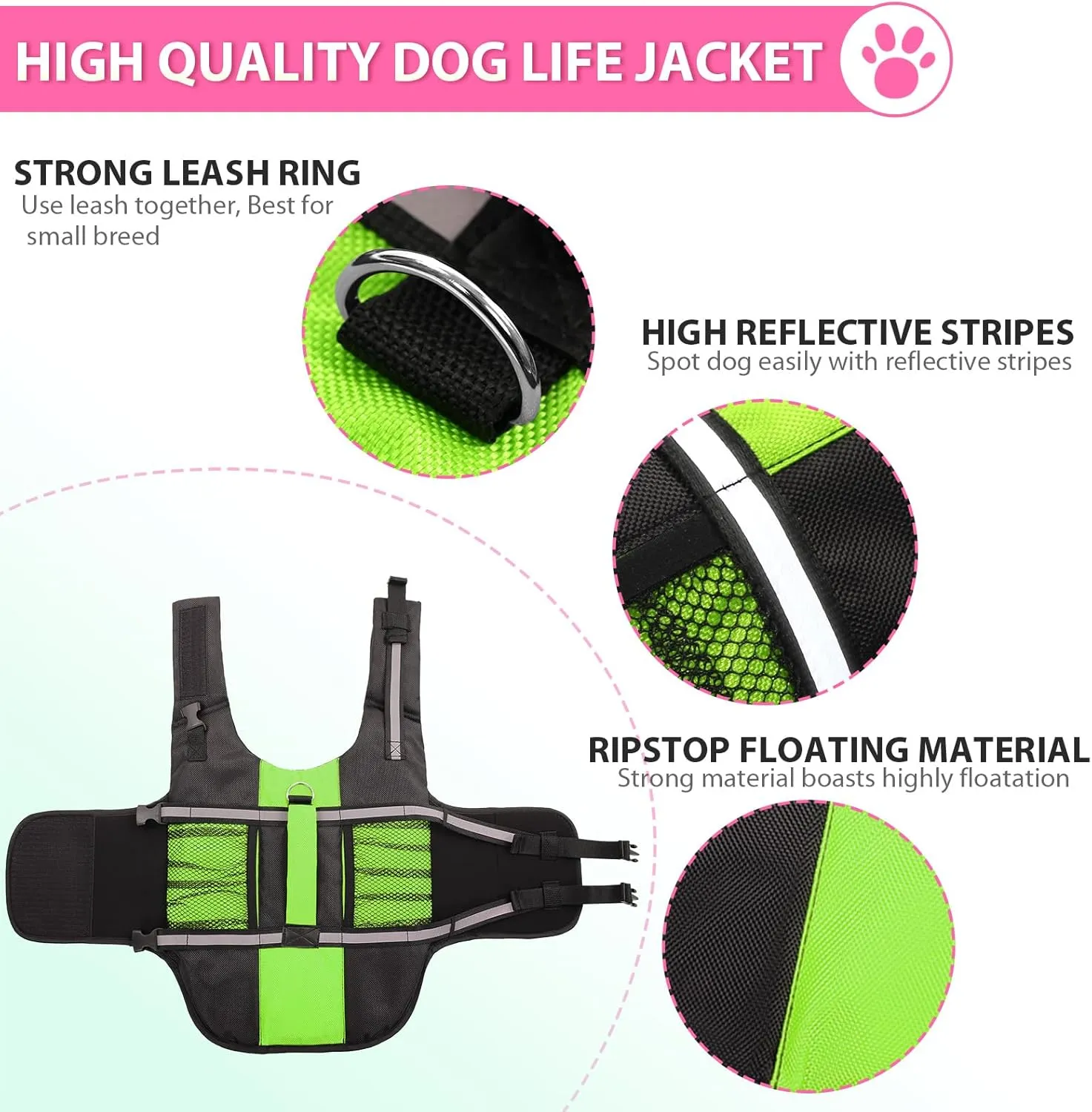 Queenmore Dog Life Jacket Lifesaver Preserver High Buoyancy with Emergency Grab Handle for Small & Medium Dogs Green, X-Small