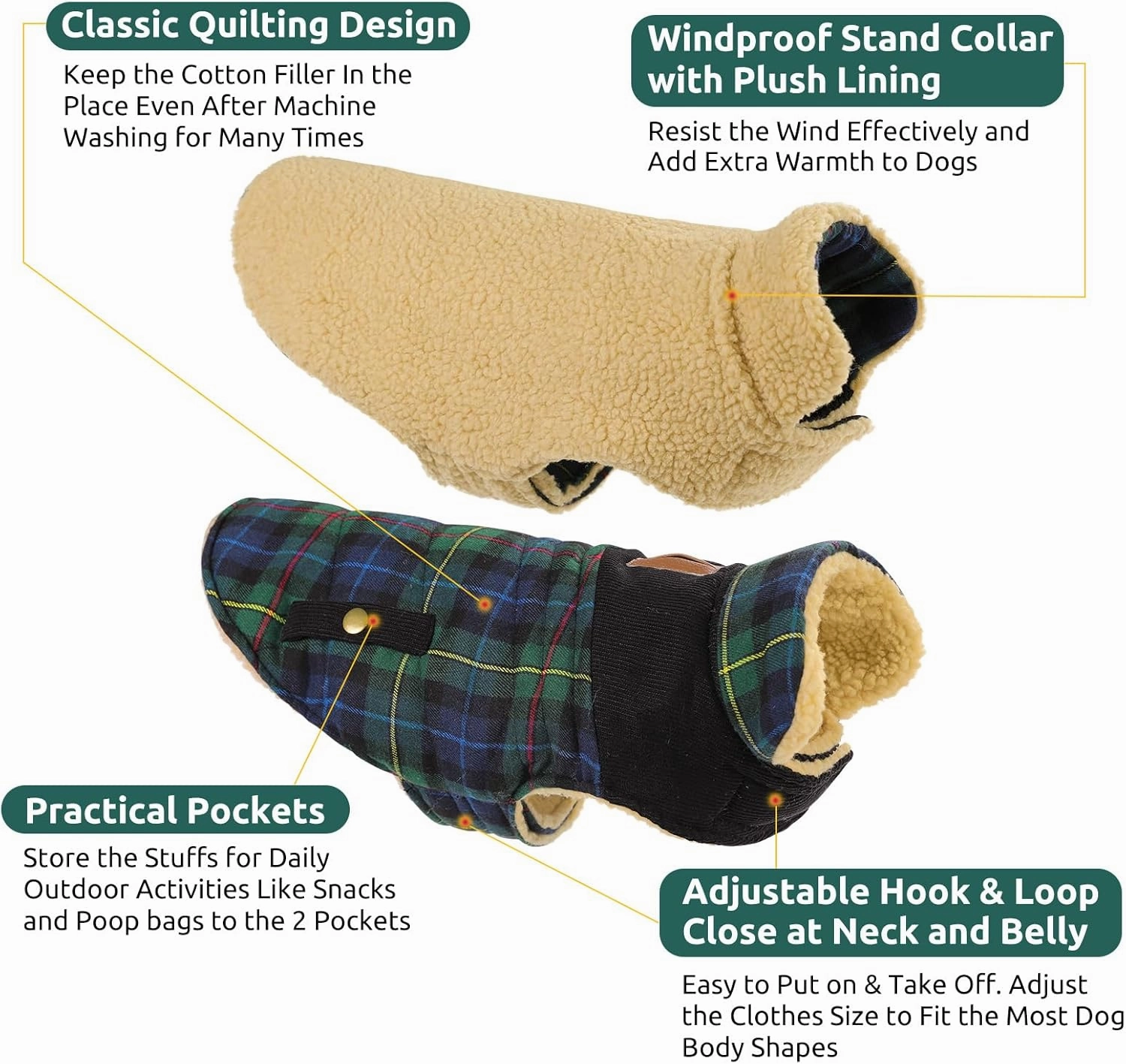 Queenmore Warm Dog Jacket for Cold Weather, Quilted Puffer Plaid Coat with Waterproofing, Fleece Padding, Leash Hole - Small/Medium, Girl/Boy Dog Christmas Coat
