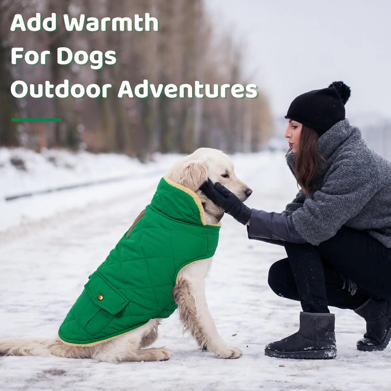Queenmore Warm Puffer Dog Coat Vest, Quilted Winter Jacket with Plush Fleece Lining, Storage Pockets (Forest Green, Small)