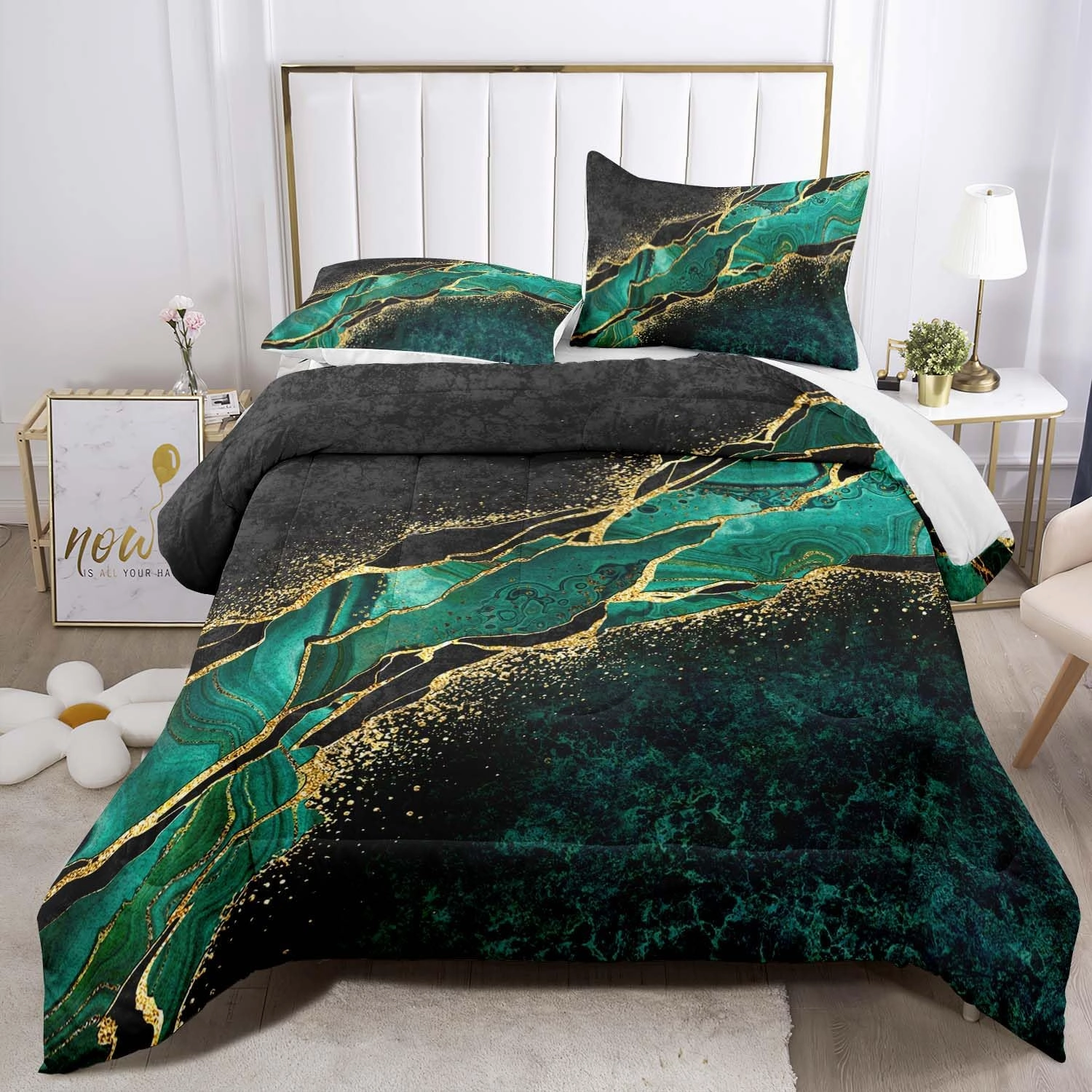 Raphus Cucullatus Marble Bedding Set - Teal & Green Comforter Set, Twin Size