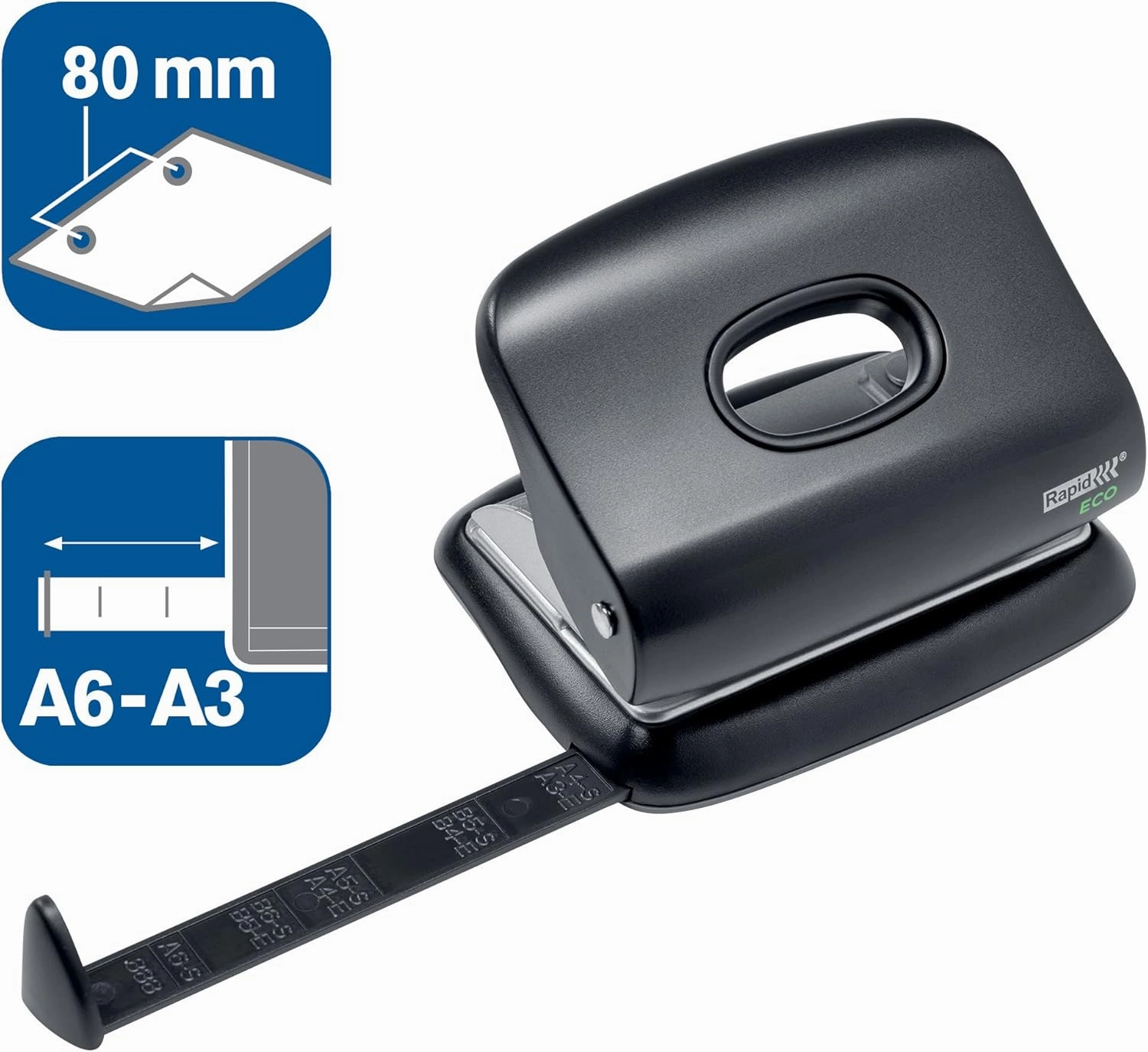 Rapid ECO Office Hole Punch, 2 Hole Punch, Heavy Duty & Compact Hole Puncher Made Using Recycled Plastic, for Home, Office Or School Use, Eco Conscious Stationery Range, Black, 24845300