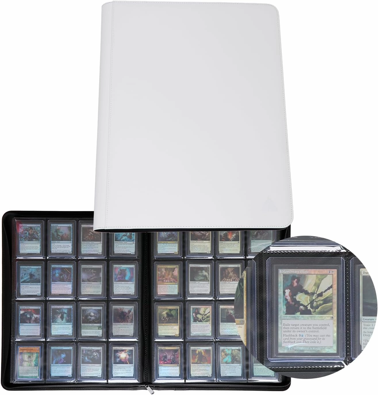 Rayvol 16-Pocket Toploader Binder, Holds 512 Toploaders 16 Pocket Top Loader Card Storage Case, 500   Ringless Double-Sided Pockets for Cards in 3 x 4'' Toploaders -White