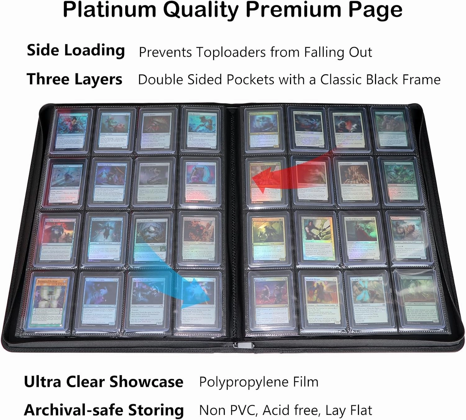 Rayvol 16-Pocket Toploader Binder, Holds 512 Toploaders 16 Pocket Top Loader Card Storage Case, 500   Ringless Double-Sided Pockets for Cards in 3 x 4'' Toploaders -White