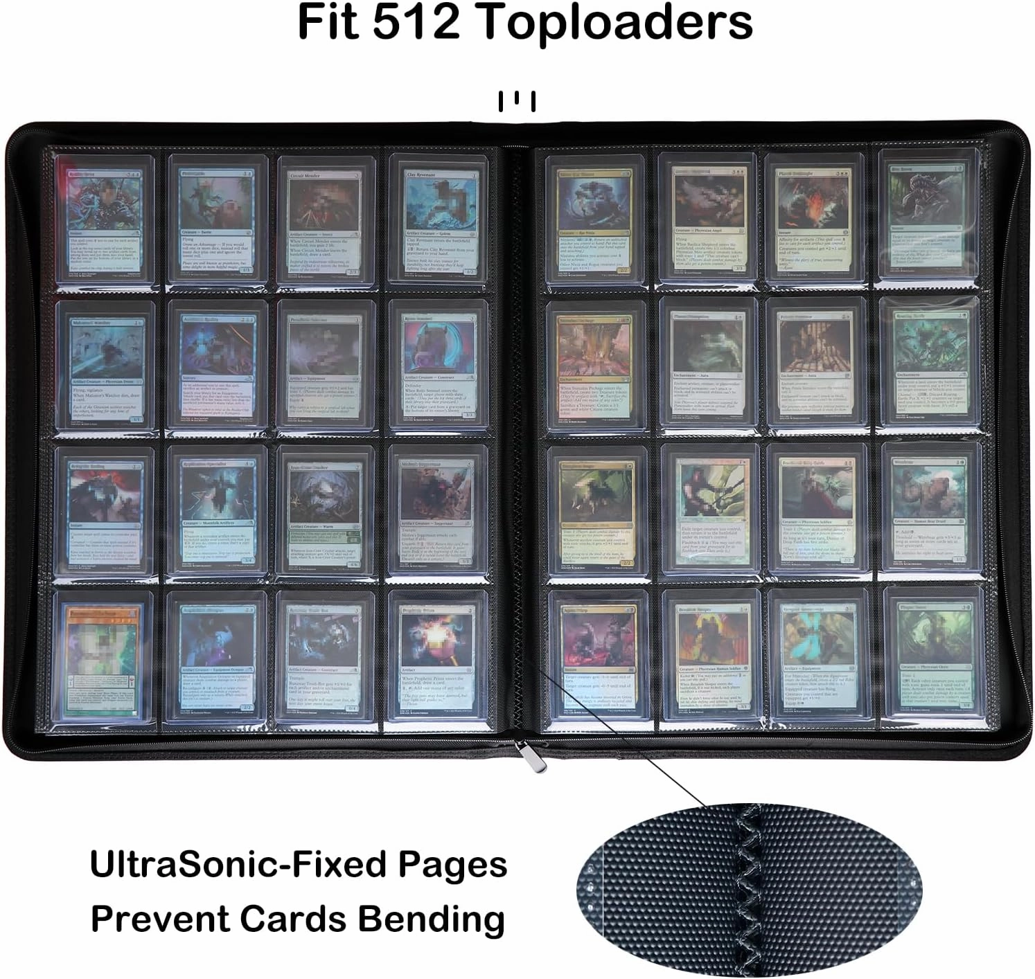 Rayvol 16-Pocket Toploader Binder, Holds 512 Toploaders 16 Pocket Top Loader Card Storage Case, 500   Ringless Double-Sided Pockets for Cards in 3 x 4'' Toploaders -White