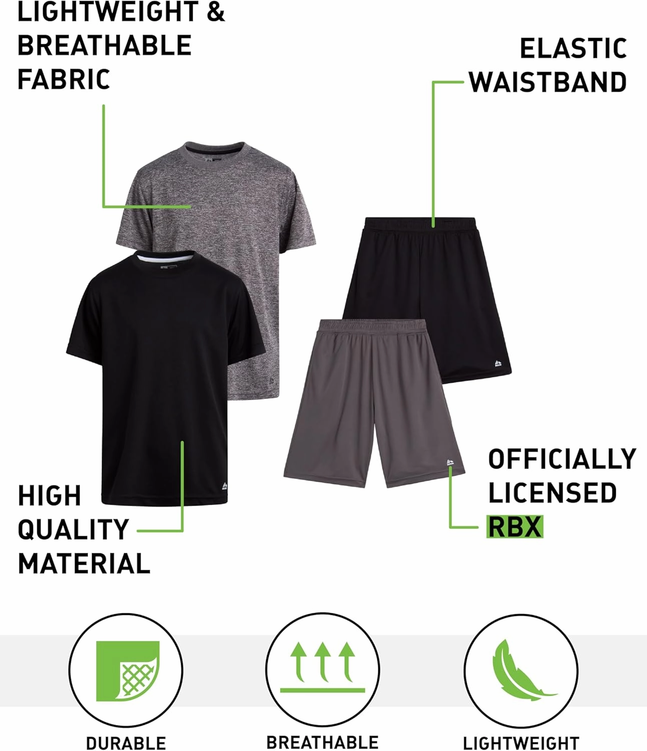RBX Active Boys Short Sets - 4 Piece Dry Fit Performance Crewneck Short Sleeve T-Shirt and Shorts Boys Athletic Sets (8-20)