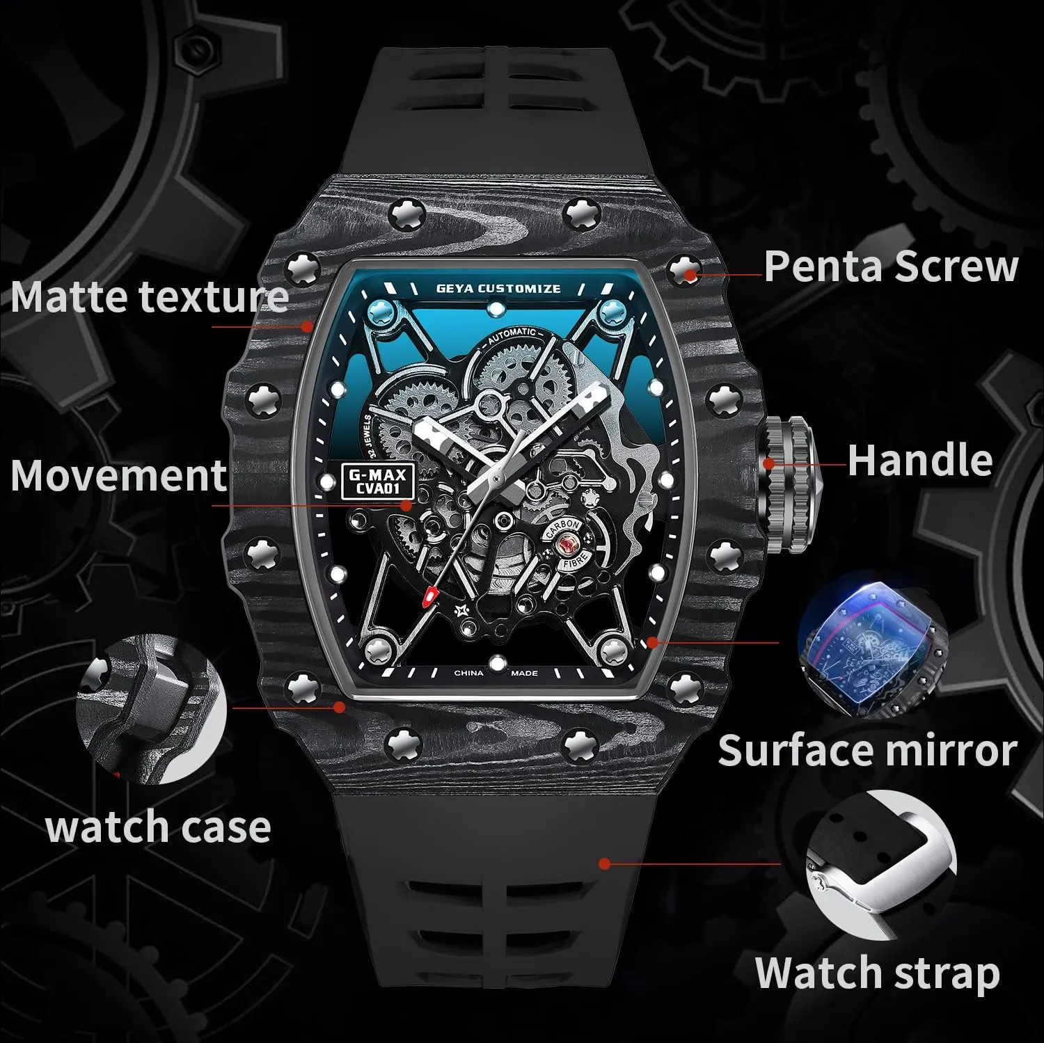 Redhai Automatic Mechanical Watch Skeleton Stainless 50M Waterproof Anti Shock Casual Diver Men Wrist Watch Sterling Watches Chronograph Analog Business Casual Fashion Adjustable Silicone Band