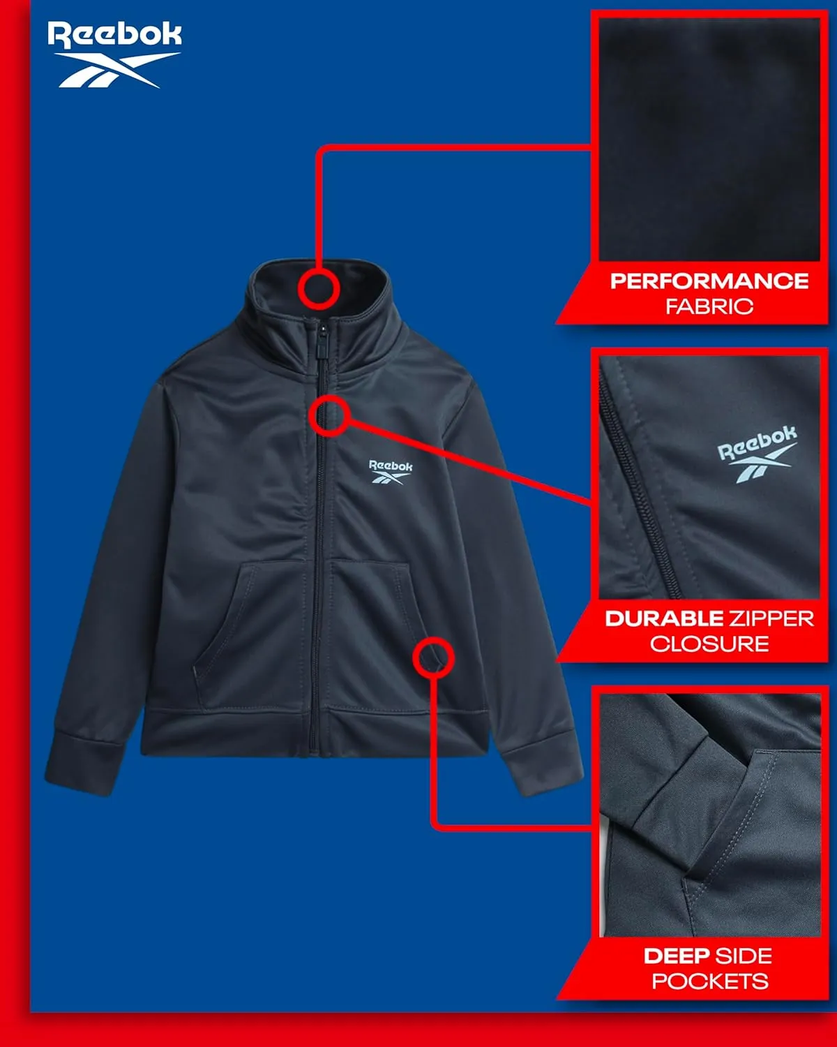 Reebok Baby Boys Tracksuit - 2 Piece Athletic Tricot Infant Toddler Baby Boy Outfits with Zip Up Track Jacket & Boys Joggers