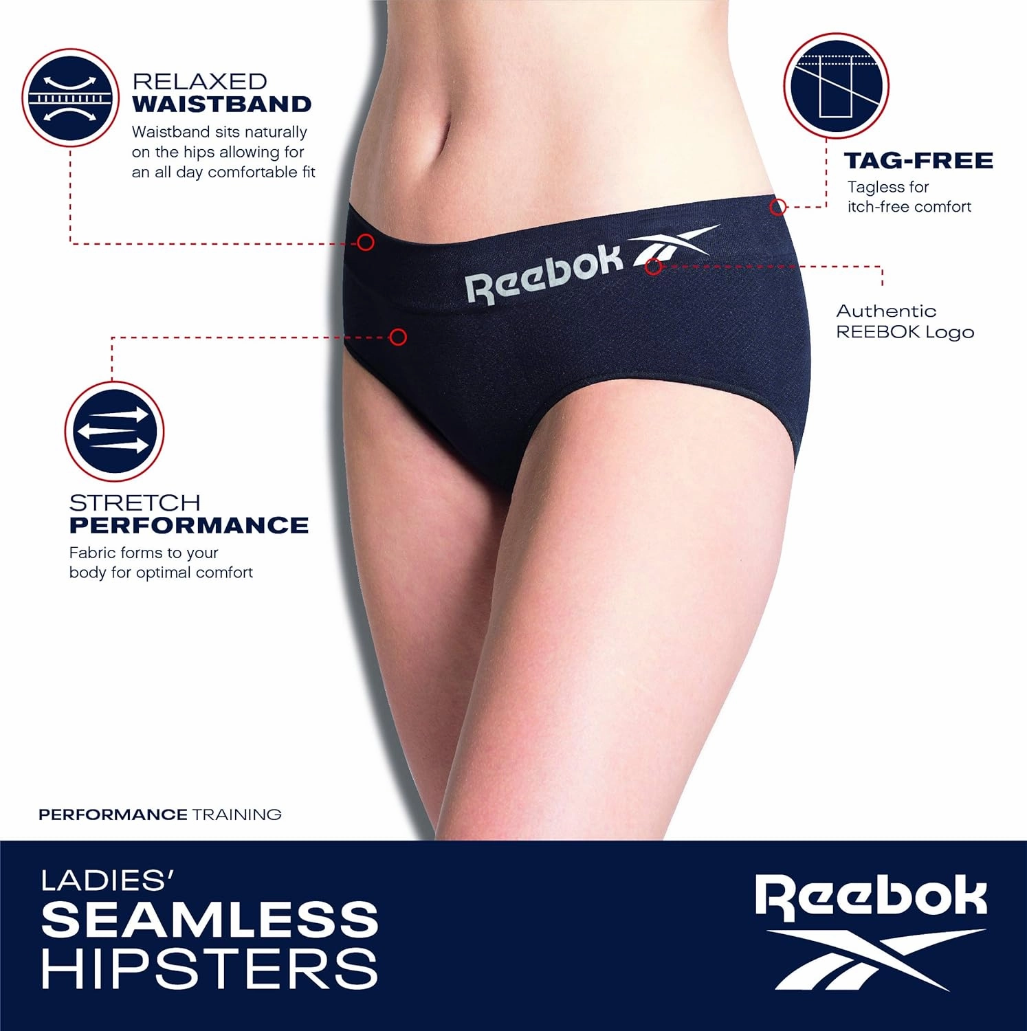 Reebok Hipster Panties for Women - 3 Pack Stretch Performance Seamless Underwear with Relaxed Tagless Waist (S-XL)