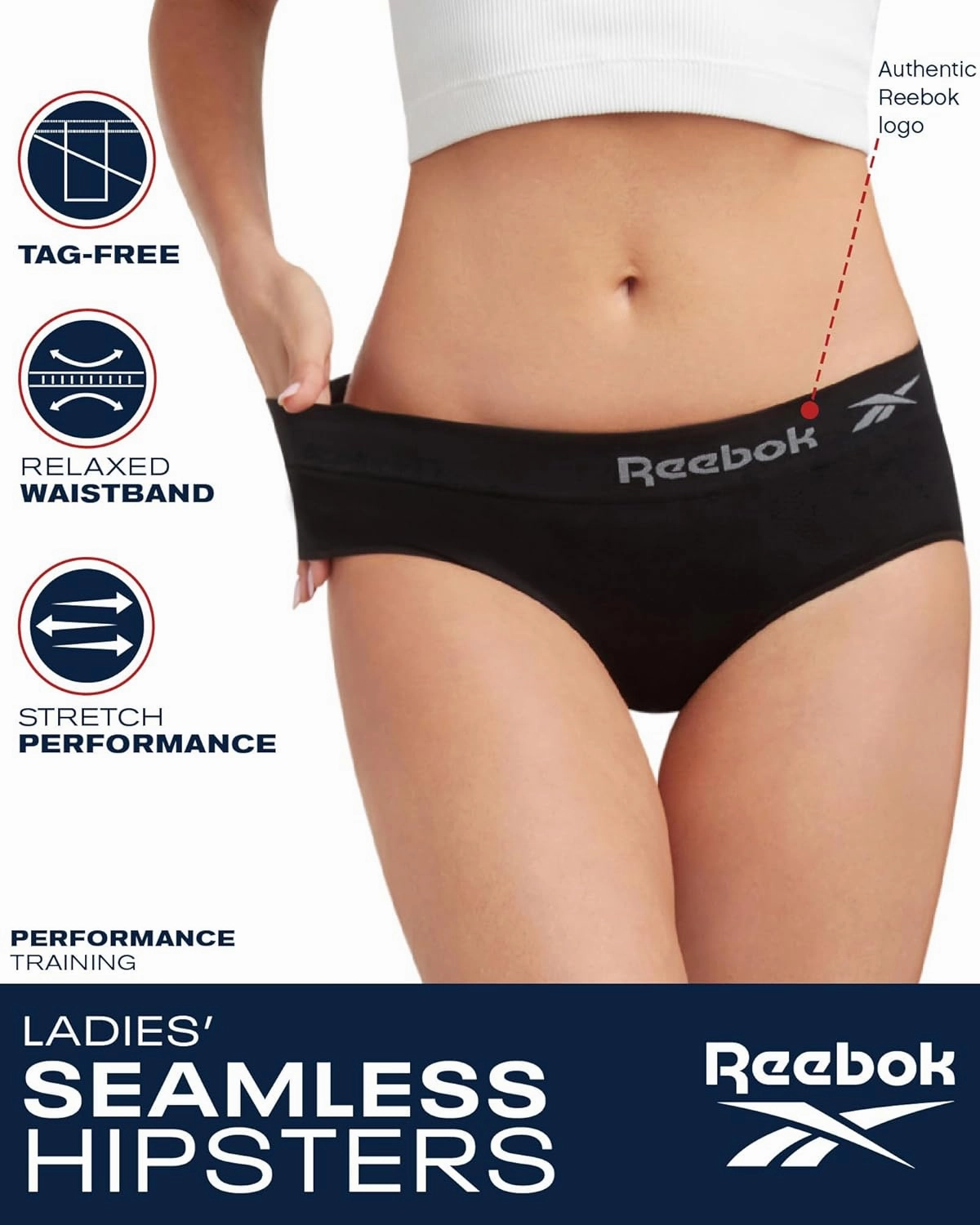 Reebok Hipster Panties for Women - 5 Pack Stretch Performance Seamless Underwear with Relaxed Tagless Waist (S-XL)