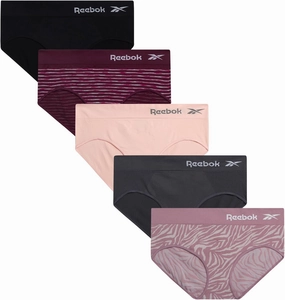 Reebok Hipster Panties for Women - 5 Pack Stretch Performance Seamless Underwear with Relaxed Tagless Waist (S-XL)