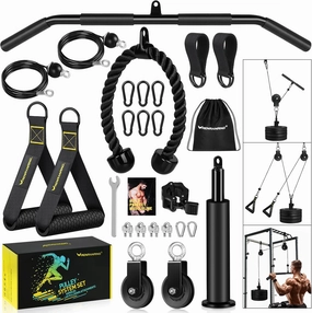 RENRANRING Pulley System, Weight Cable Pulley System for Home Gym,Cable Machine Attachment with 2 in 1 LAT Pull Down Bar,Tricep Rope,Long Strap,Exercise Handles for Biceps Curl, Forearm