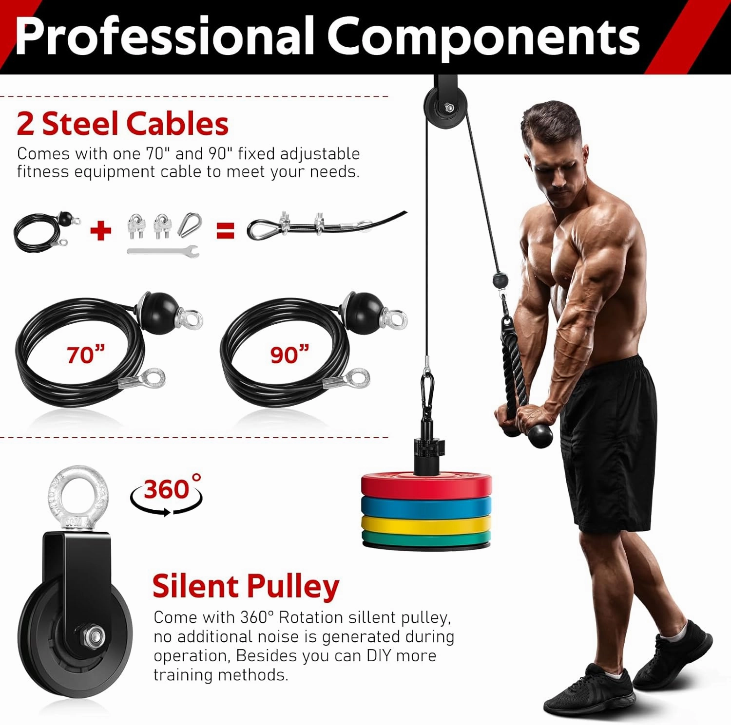 RENRANRING Pulley System, Weight Cable Pulley System for Home Gym,Cable Machine Attachment with 2 in 1 LAT Pull Down Bar,Tricep Rope,Long Strap,Exercise Handles for Biceps Curl, Forearm