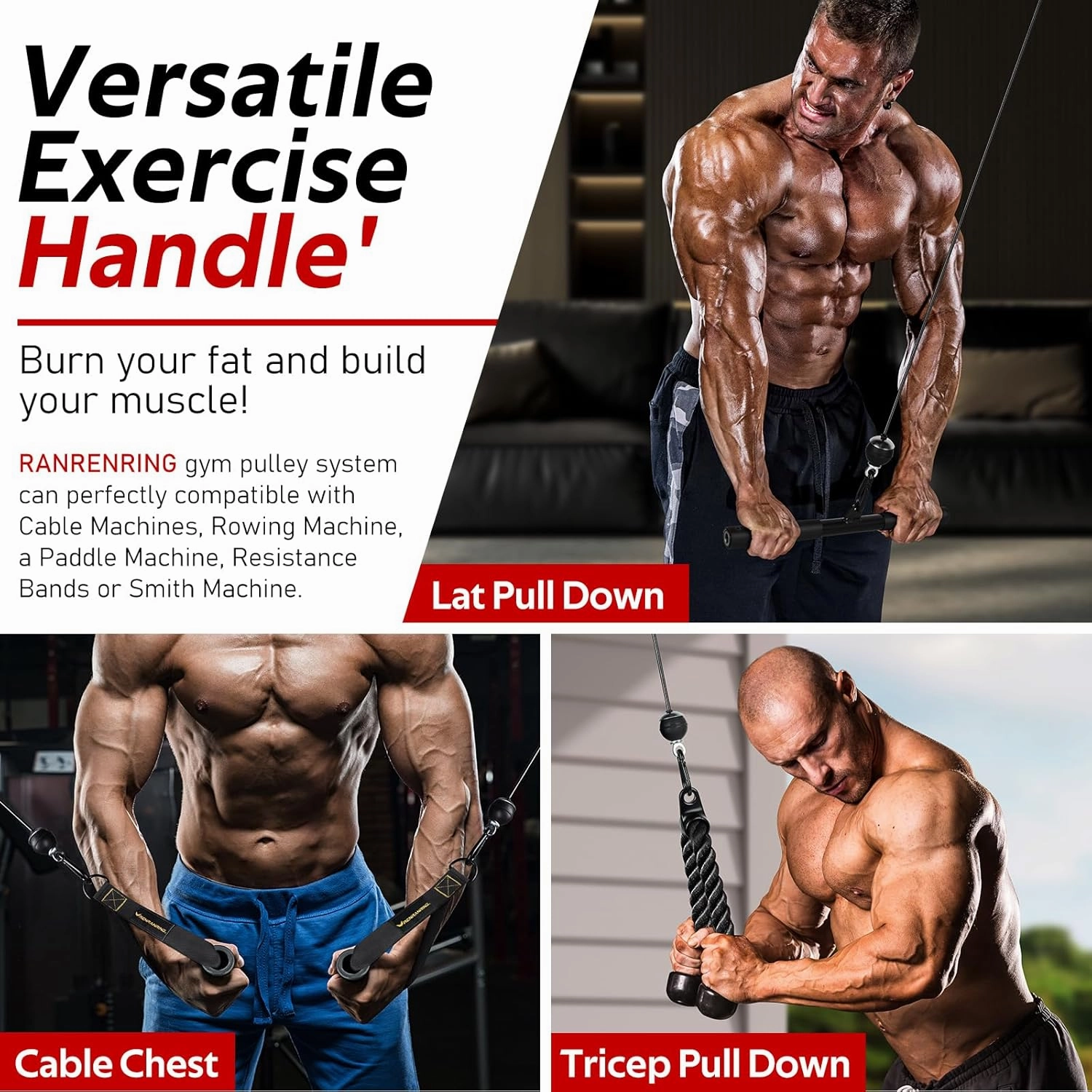 RENRANRING Pulley System, Weight Cable Pulley System for Home Gym,Cable Machine Attachment with 2 in 1 LAT Pull Down Bar,Tricep Rope,Long Strap,Exercise Handles for Biceps Curl, Forearm