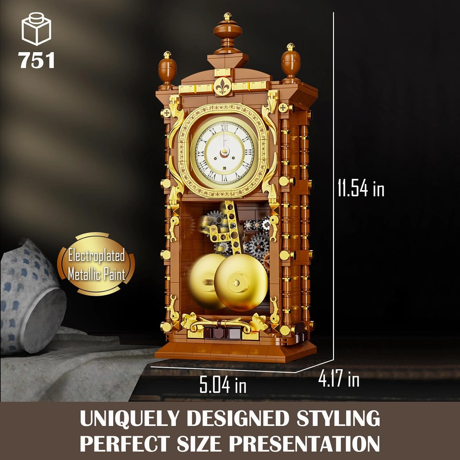 Retro Swing Clock Building Blocks Set, Vintage Pendulum Clock with Functional Clock Mechanism Model Kit, Creative Gift Toys for Adults Kids 8  (751 Pieces)