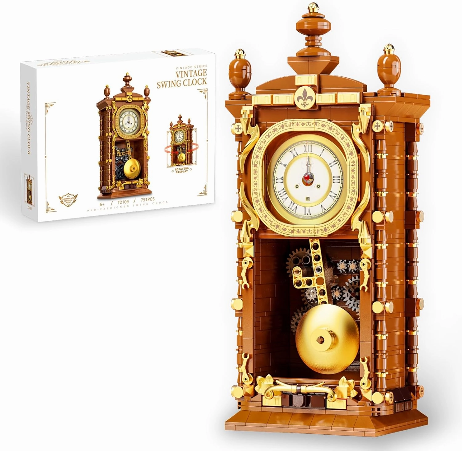 Retro Swing Clock Building Blocks Set, Vintage Pendulum Clock with Functional Clock Mechanism Model Kit, Creative Gift Toys for Adults Kids 8  (751 Pieces)
