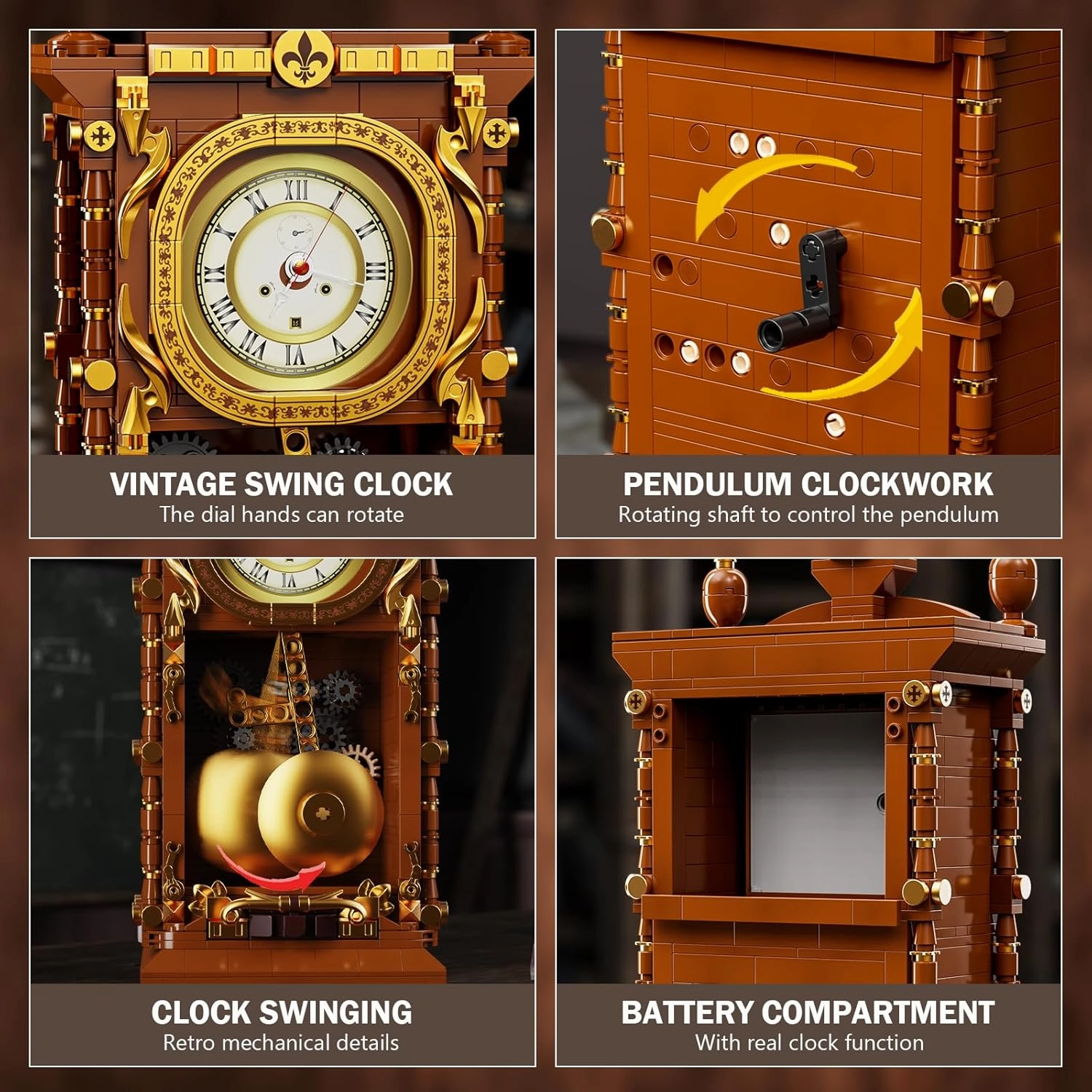 Retro Swing Clock Building Blocks Set, Vintage Pendulum Clock with Functional Clock Mechanism Model Kit, Creative Gift Toys for Adults Kids 8  (751 Pieces)