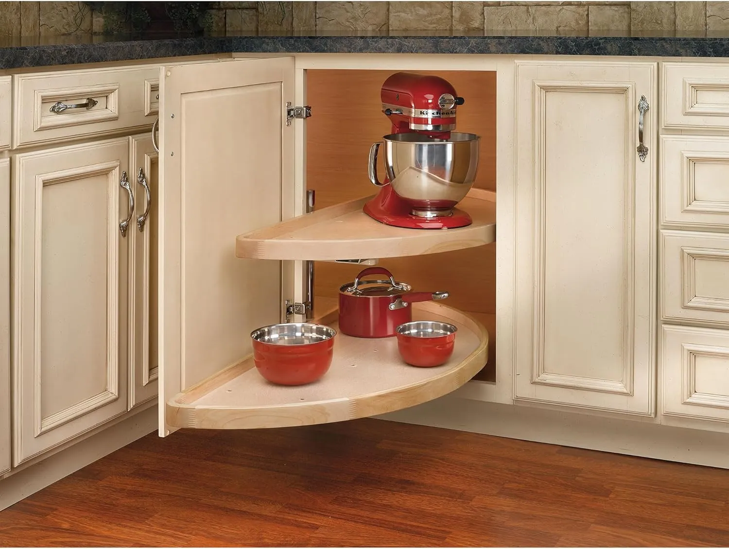 Rev-A-Shelf 32" Dual Shelf Half Moon Lazy Susan Organizer for Blind Corner Kitchen Cabinets, Pull Out Turntable Storage Trays, Wood, 4WLS882-32-570