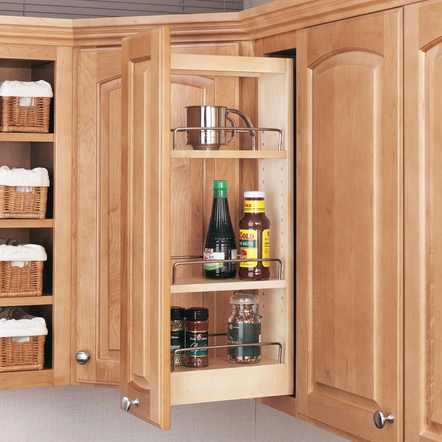 Rev-A-Shelf 5" Pull Out Storage Organizer for Wall Kitchen Cabinets, Sliding Adjustable Shelves for Spice Rack or Cans, Wood & Chrome, 448-WC-5C