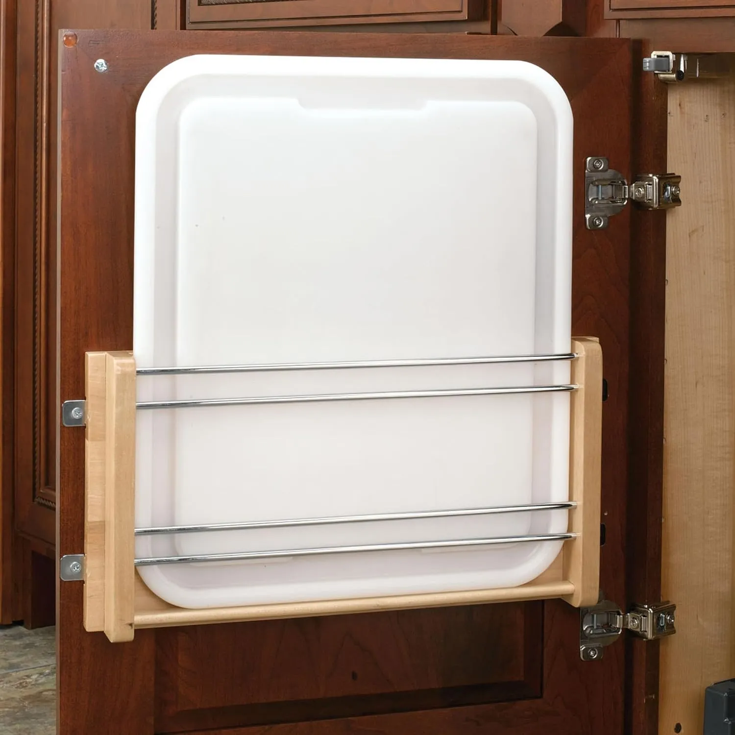 Rev-A-Shelf Kitchen Cabinet Wood Door Mount Rack with Polymer Cutting Board for Standard 15 Inch Cabinets with 11.5 Inch or Larger Opening, 4DMCB-15P