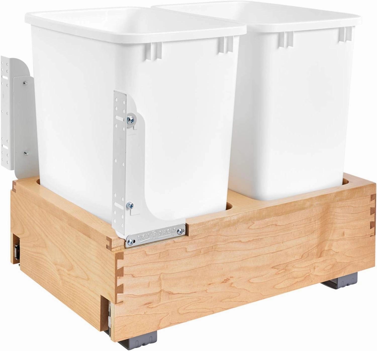 Rev-A-Shelf Double 35 Qt Wood Bottom Mount Pullout Under Cabinet Trash Can Waste Container with Full Extension Ball Bearings, Maple Wood, 4WC-18DM2