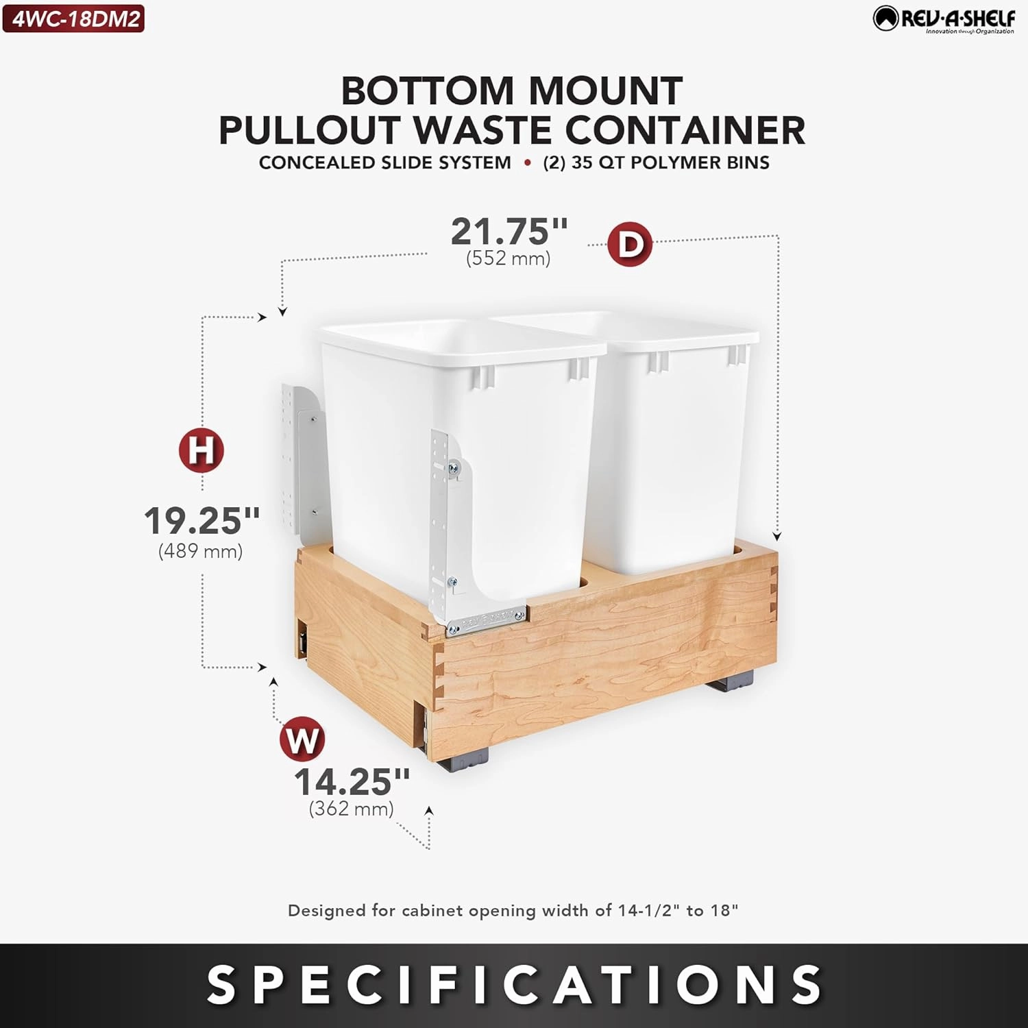 Rev-A-Shelf Double 35 Qt Wood Bottom Mount Pullout Under Cabinet Trash Can Waste Container with Full Extension Ball Bearings, Maple Wood, 4WC-18DM2