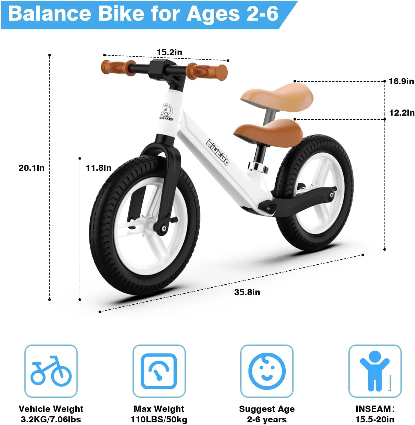 Ridego Toddler Balance Bike 2 Year Old,12Inch Colorful Lighting Kids Bike,Lightweight Push Bicycle with Adjustable Seat, Ride-on Toys Birthday Gift 2 3 4 5 Year Old Boys Girls