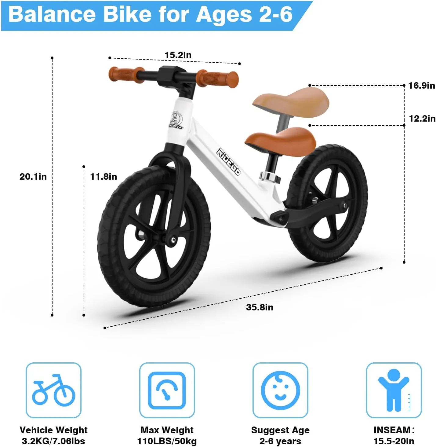 Ridego Toddler Balance Bike 2 Year Old,12Inch Colorful Lighting Kids Bike,Lightweight Push Bicycle with Adjustable Seat, Ride-on Toys Birthday Gift 2 3 4 5 Year Old Boys Girls