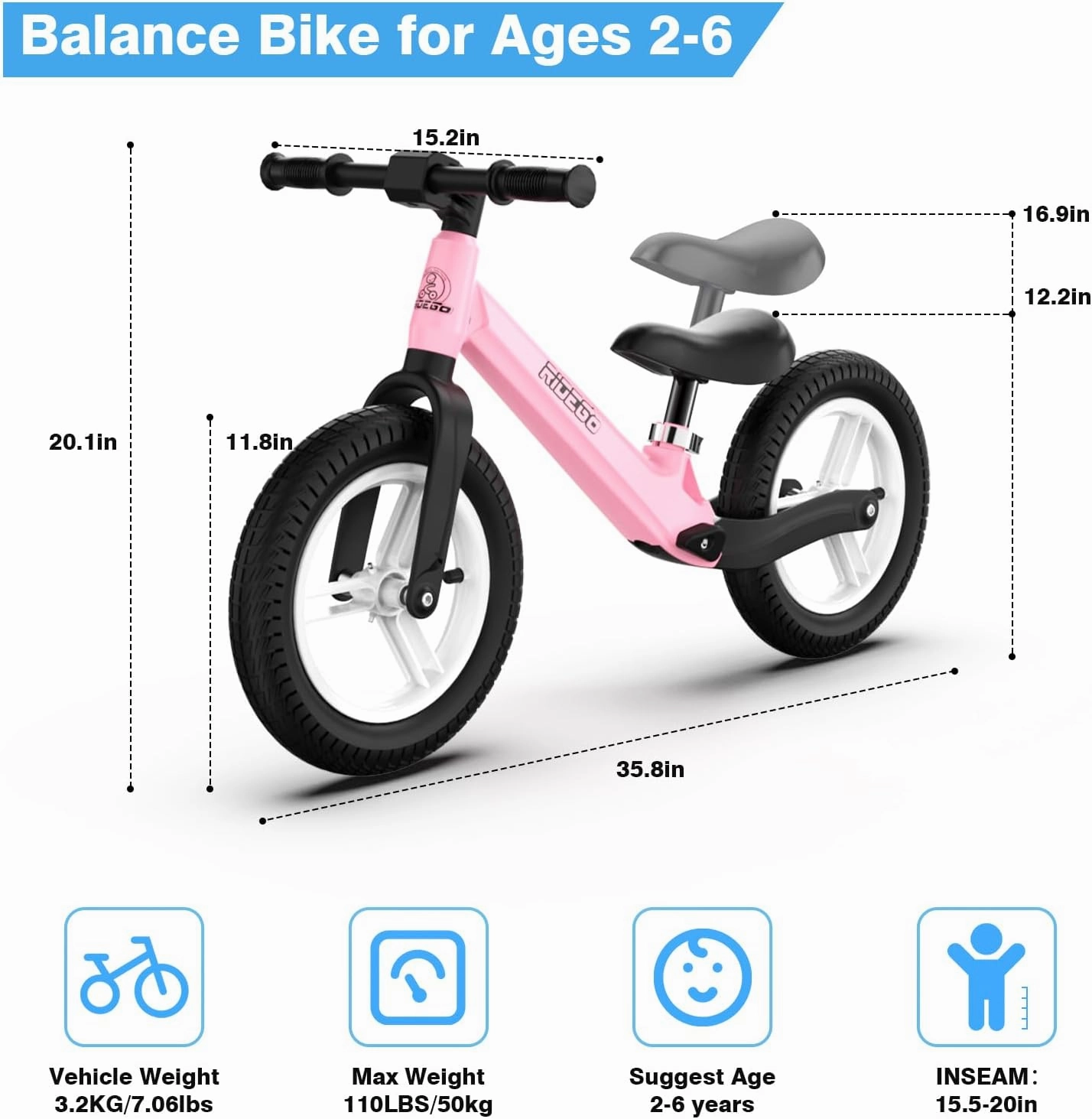 Ridego Toddler Balance Bike 2 Year Old,12Inch Colorful Lighting Kids Bike,Lightweight Push Bicycle with Adjustable Seat, Ride-on Toys Birthday Gift 2 3 4 5 Year Old Boys Girls