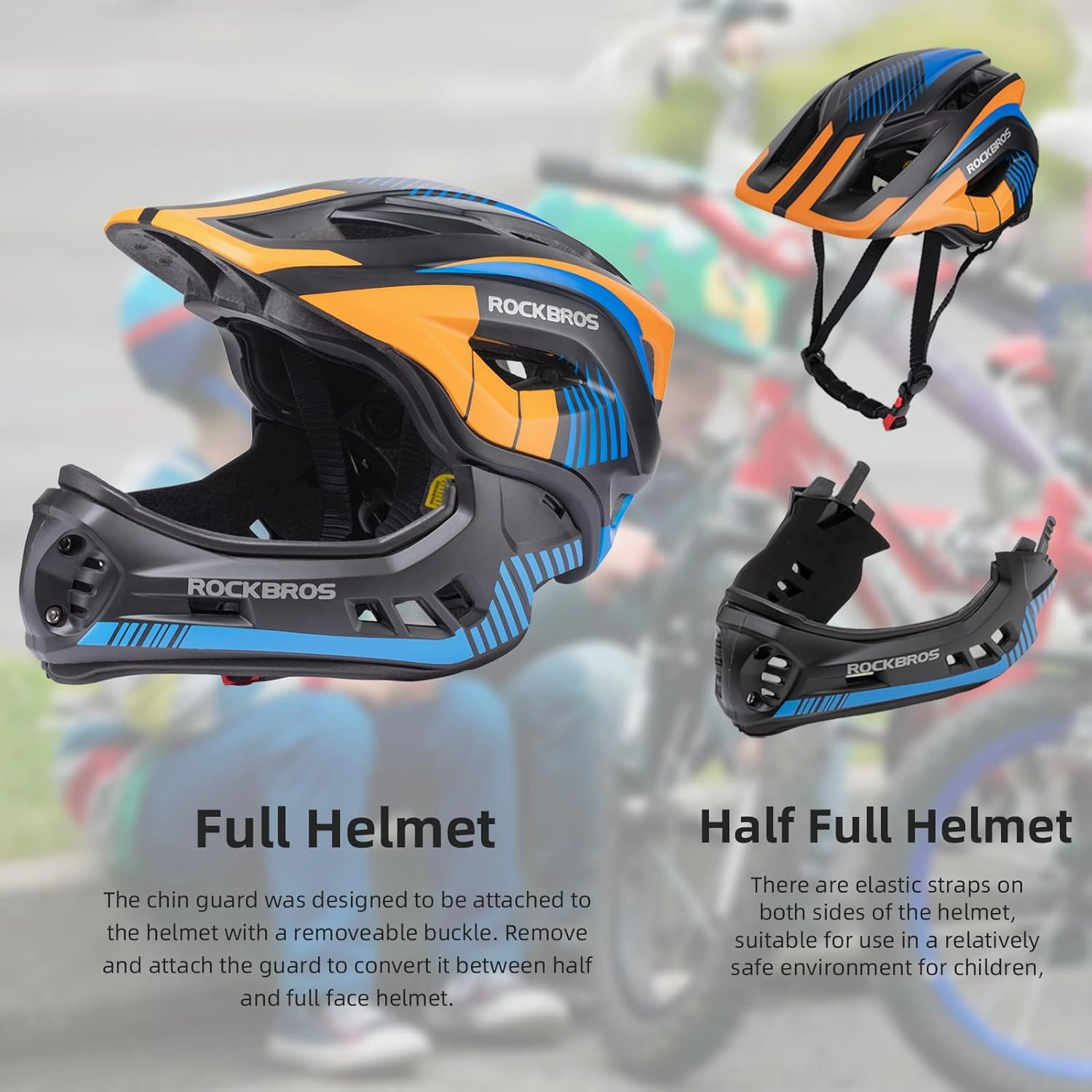 ROCKBROS Kids Full Face Helmet Kids Bike Helmets Lightweight Toddler Mountain Bike Helmet Detachable for MTB BMX Skating Cycling Scooter Safety Bicycle Helmets for Youth Child Boys Girls Ages 3-16