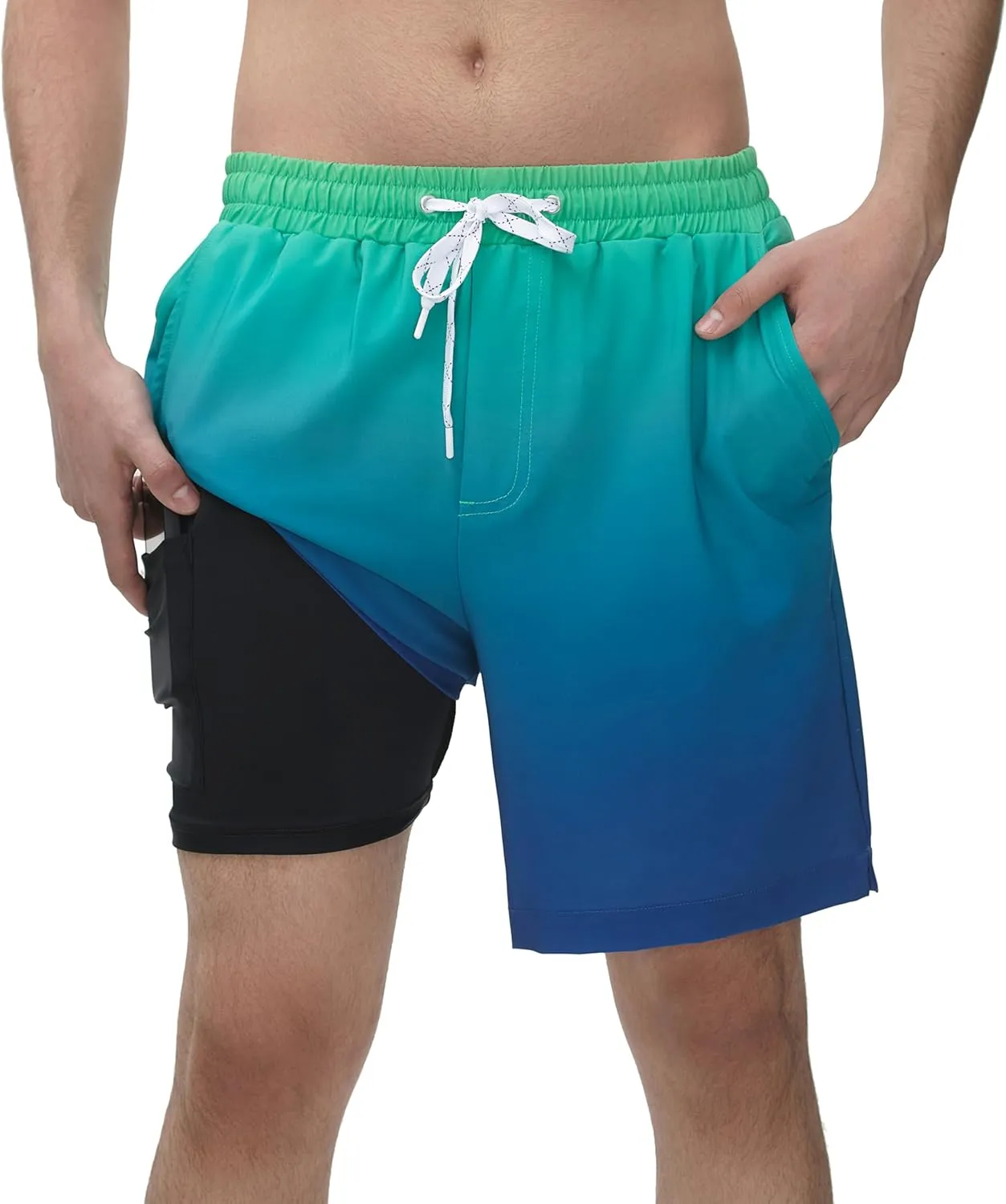 Rokka&Rolla Men's Swim Trunks with Compression Liner 7" Stretch Quick Dry Board Shorts