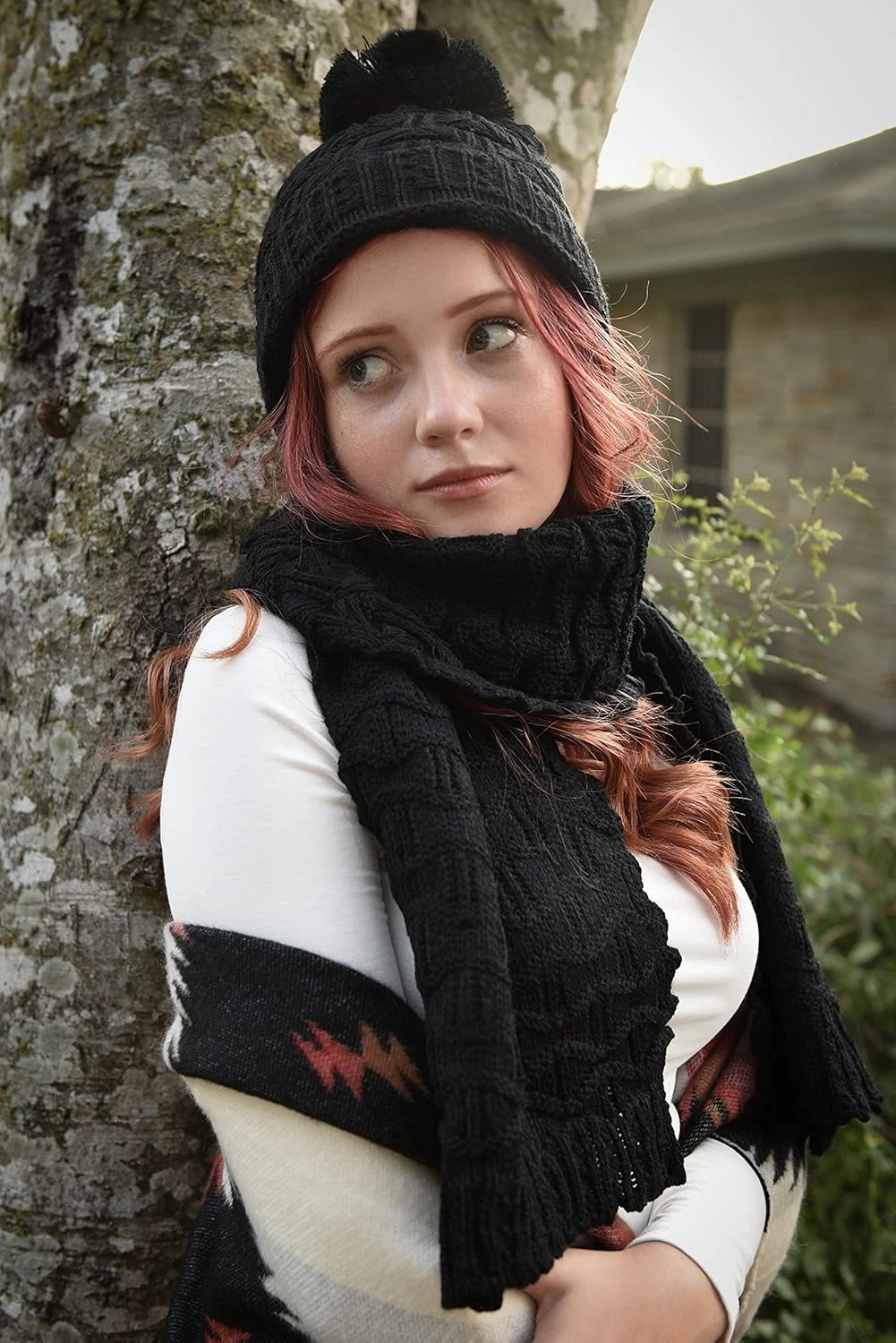 Roll Up Women Girls Cute Fashion Winter Cozy Warm Knitted Beanie Skullies Hat Ski Cap & Scarf Scarves Set