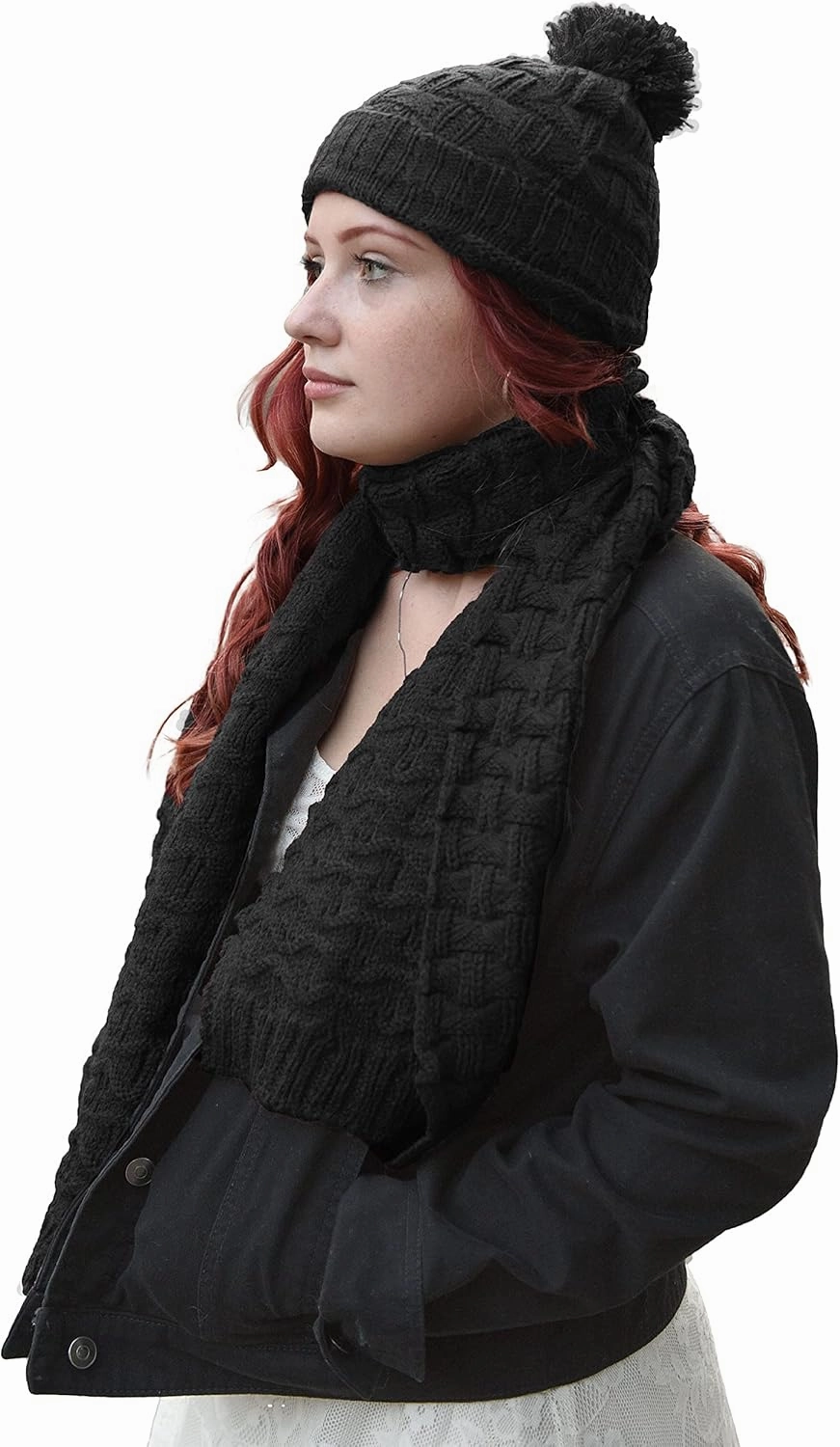 Roll Up Women Girls Cute Fashion Winter Cozy Warm Knitted Beanie Skullies Hat Ski Cap & Scarf Scarves Set