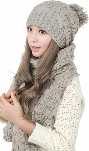 Roll Up Women's Girls Winter Warm Cozy Fashion Knitted Hat Beanie cap Scarf Scarves Seasonal Gift Set