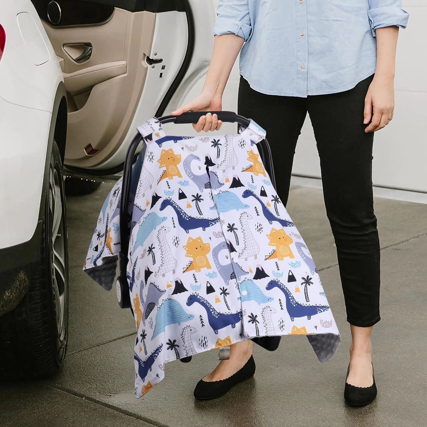 Rquite Baby Car Seat Cover, Carseat Covers Baby Boy, Minky Infant Car Seat Cover Winter, Peekaboo Opening Car Seat Canopy, Multi-use Baby Carrier, Stroller, Nursing Cover, Minky Blanket, Dinosaur