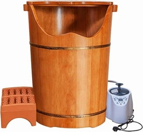 Rubber Wood Foot Soaking Tub Set | with Steam Machine, Massage Stool & Lid | Premium Wooden Foot Bath Bucket for Pedicure & Relaxation