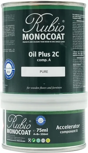 Rubio Monocoat Wood Oil Finish 175 ft² - Pure | Oil Plus 2C | Quick-Dry, Eco-Friendly Linseed Wood Oil for Indoor Use, Includes Accelerator (Part B) | Protector | 350 ml