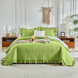 Ruffled Quilt Set Queen Size 96 * 96in - 3 Pieces Solid Shabby Chic Farmhouse Ruffle Bedding Rustic Coverlet & Sets Lightweight Fluffy Summer Oversized Bedspread with Shams for Women Men - Green