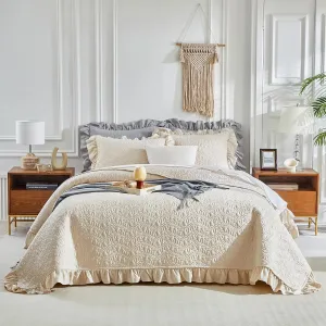 Ruffled Quilt Set Queen Size 96 * 96in - 3 Pieces Solid Shabby Chic Farmhouse Ruffles Bedding Rustic Coverlet & Sets Lightweight Fluffy Summer Oversized Bedspread with Shams for Women Men - Cream