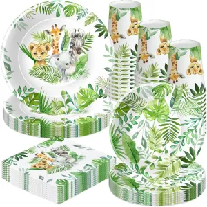 Safari Jungle Theme Party Supplies For Boys - Jungle Birthday Baby Shower Decorations Tableware Include 9" Plates, 7" Plate, Cups, Napkins, Safari Party Decorations | Serve 48