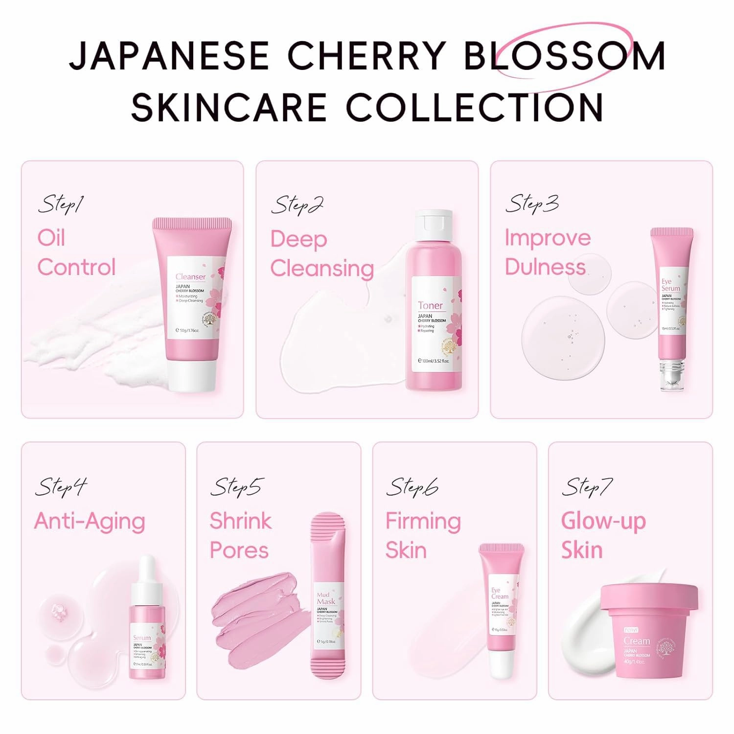 Sakura Skin Care Set, Skin Care for Teens 10-12, Beauty Skincare Gifts Sets, Skin Care Routine Kit for Women, Hydrate, Oil Control, Glow Up, Travel Size -7 PCS