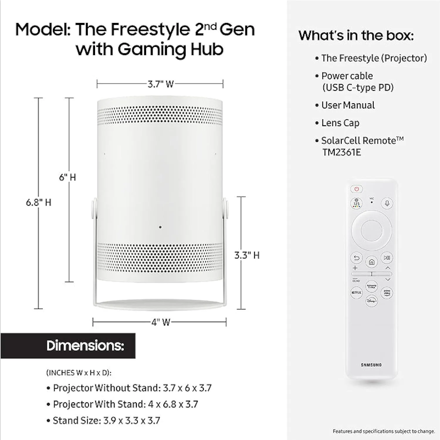 Samsung SP-LFF3CLAXXZA 30-100 Inch The Freestyle Gen2 Smart Projector with 2 Year Amber Protection Plan (2023)