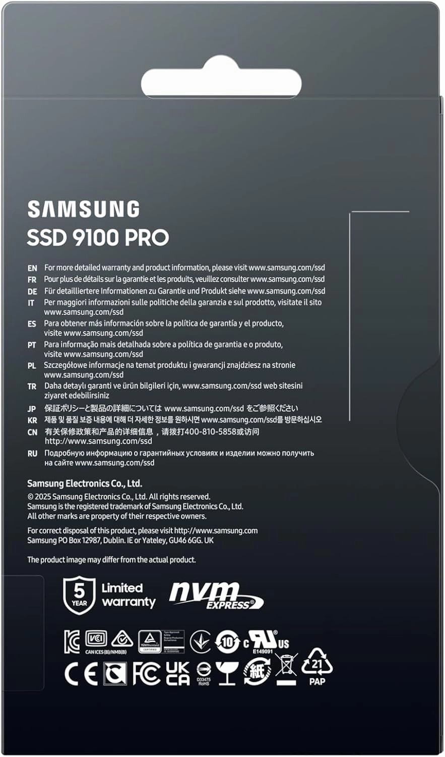 Samsung SSD 9100 PRO 2TB, PCIe 5.0x4 M.2 2280, Seq. Read Speeds Up to 14,800MB/s, Best for AI Computing, Gaming, and Heavy Duty Workstations (MZ VAP2T0B/AM)