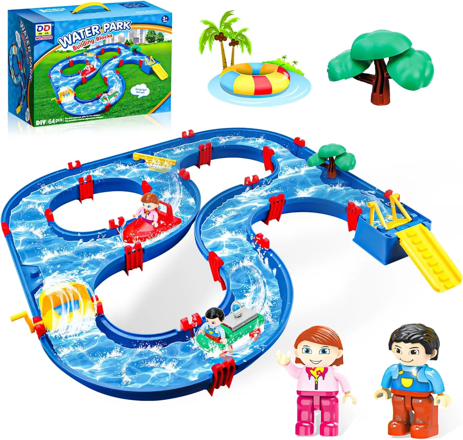 SANCO Water Table for Toddlers - Kids Water Track Playset 68PCS DIY Table Beach Toy on Backyard, Lawn, Pool - Water Toy with 4 Boats, Summer Outside Activity Funs
