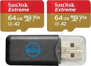 SanDisk Extreme 64GB MicroSDXC (x2) Memory Card Works with GoPro Action Camera Hero 12 Black (SDSQXAH-064G-GN6MN) U3 V30 A2 Bundle with (1) Everything But Stromboli MicroSD Card Reader