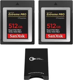 SanDisk Extreme PRO 512GB CFexpress Type-B Memory Card, 2-Pack, Bundle with Green Extreme Dual-Slot Memory Card Reader